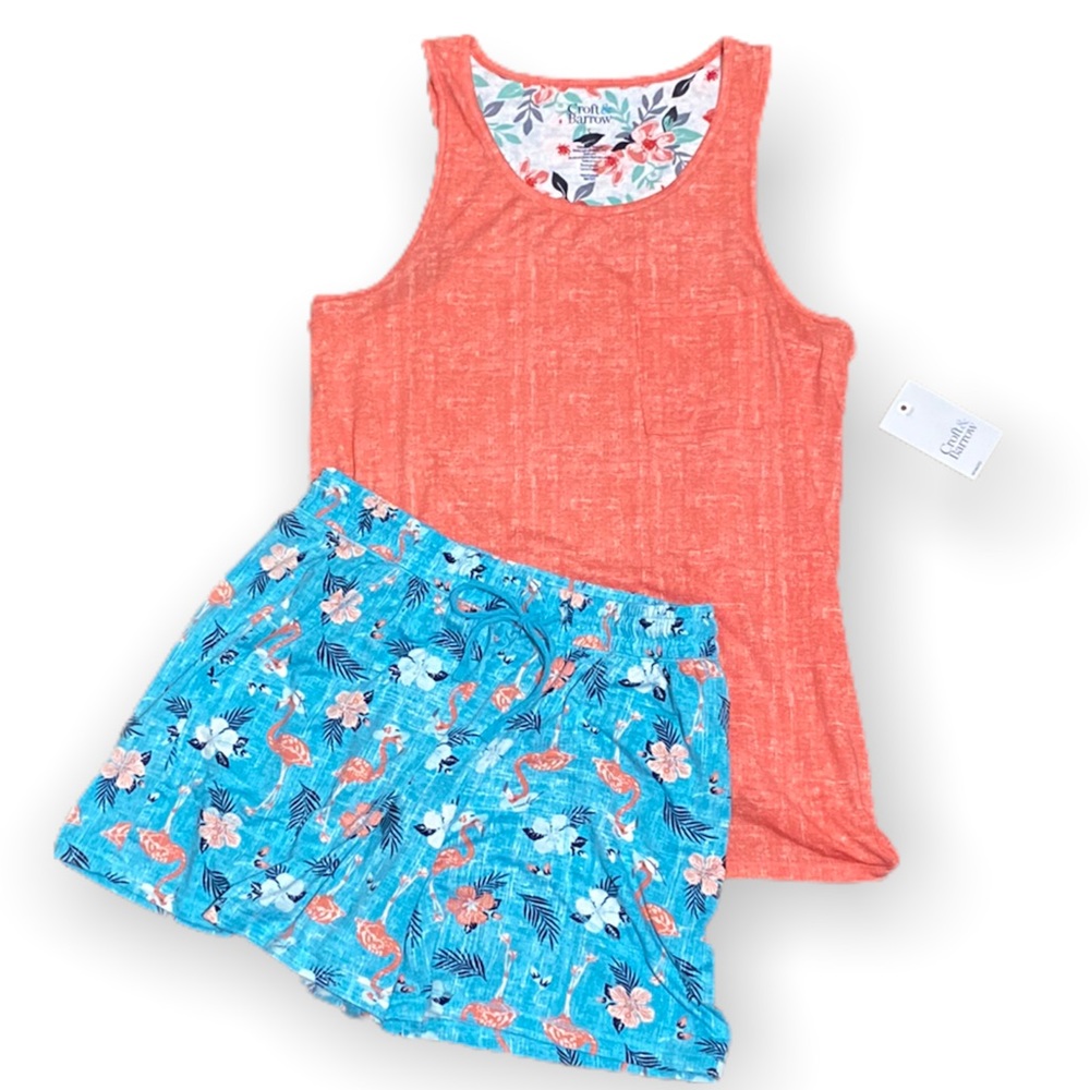 2pc Croft & Barrow Coral/Pink Tank & Blue Flamingo Shorts - Pajama Set Intimates